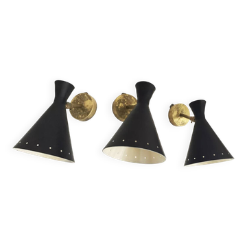 Suite de trois appliques italiennes laiton et fer laqué design 1950