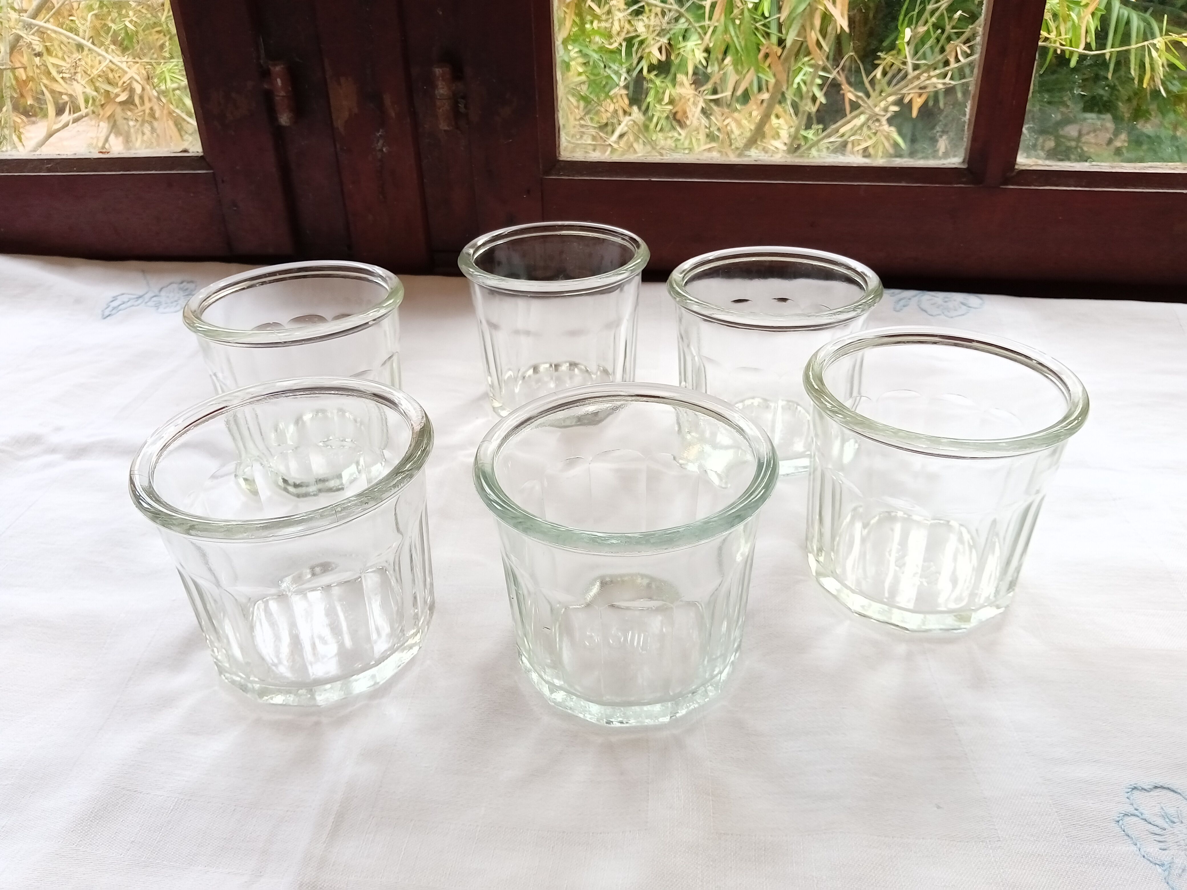 6 old glass jam jars