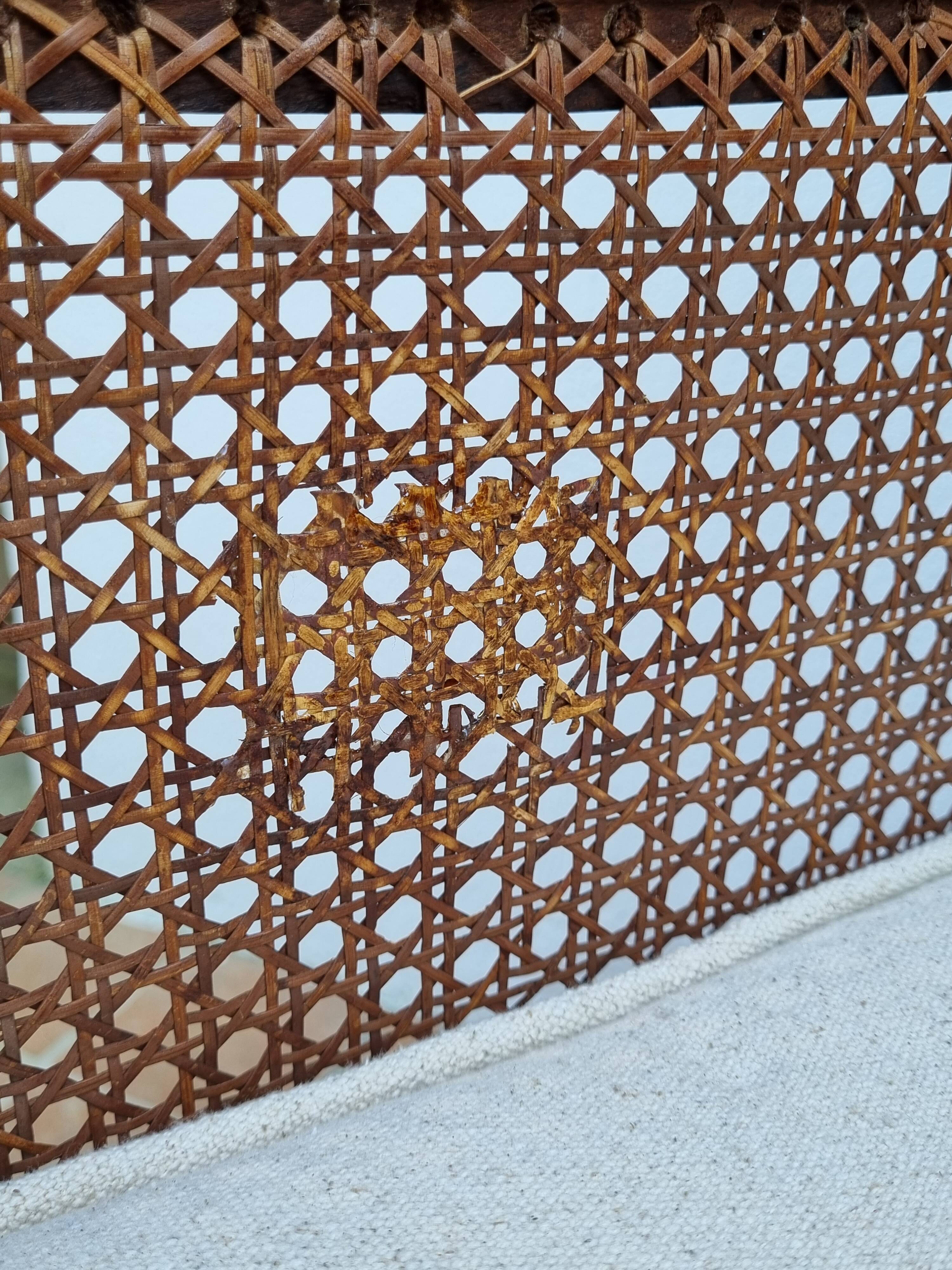 Vintage armchair in turned wood and cane, upholstered seat, 1940s