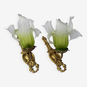 Pair of gilded metal glass paste sconces from the early 20th century