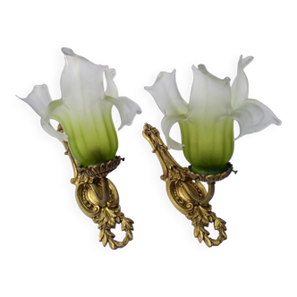 Pair of gilded metal glass paste sconces from the early 20th century