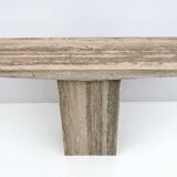 Mid Century Italian Unfilled Travertine and Brass Inlay Console Table
