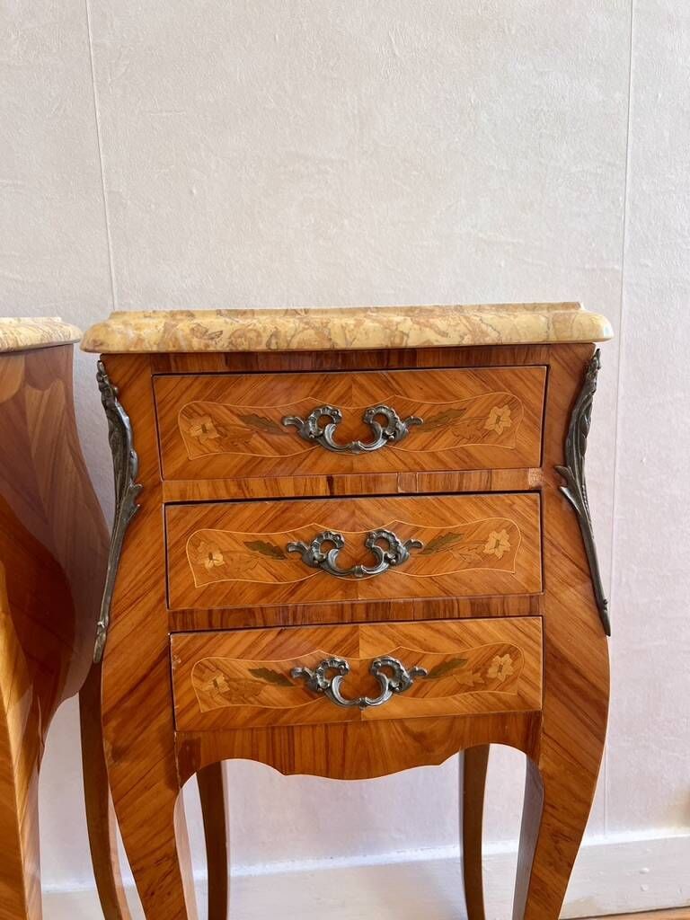 Pair French Rosewood Nightstands, Louis XV Marquetry Bedside Tables