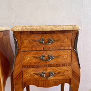 Pair of French rosewood bedside tables, Louis XV marquetry nightstands.