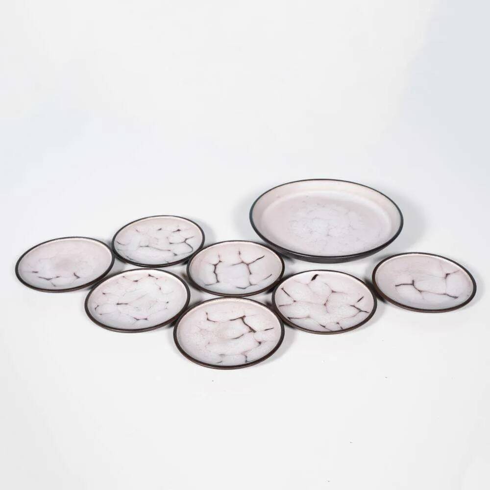 Vintage Mobach pastry set, fat lava ceramic serving plates.
