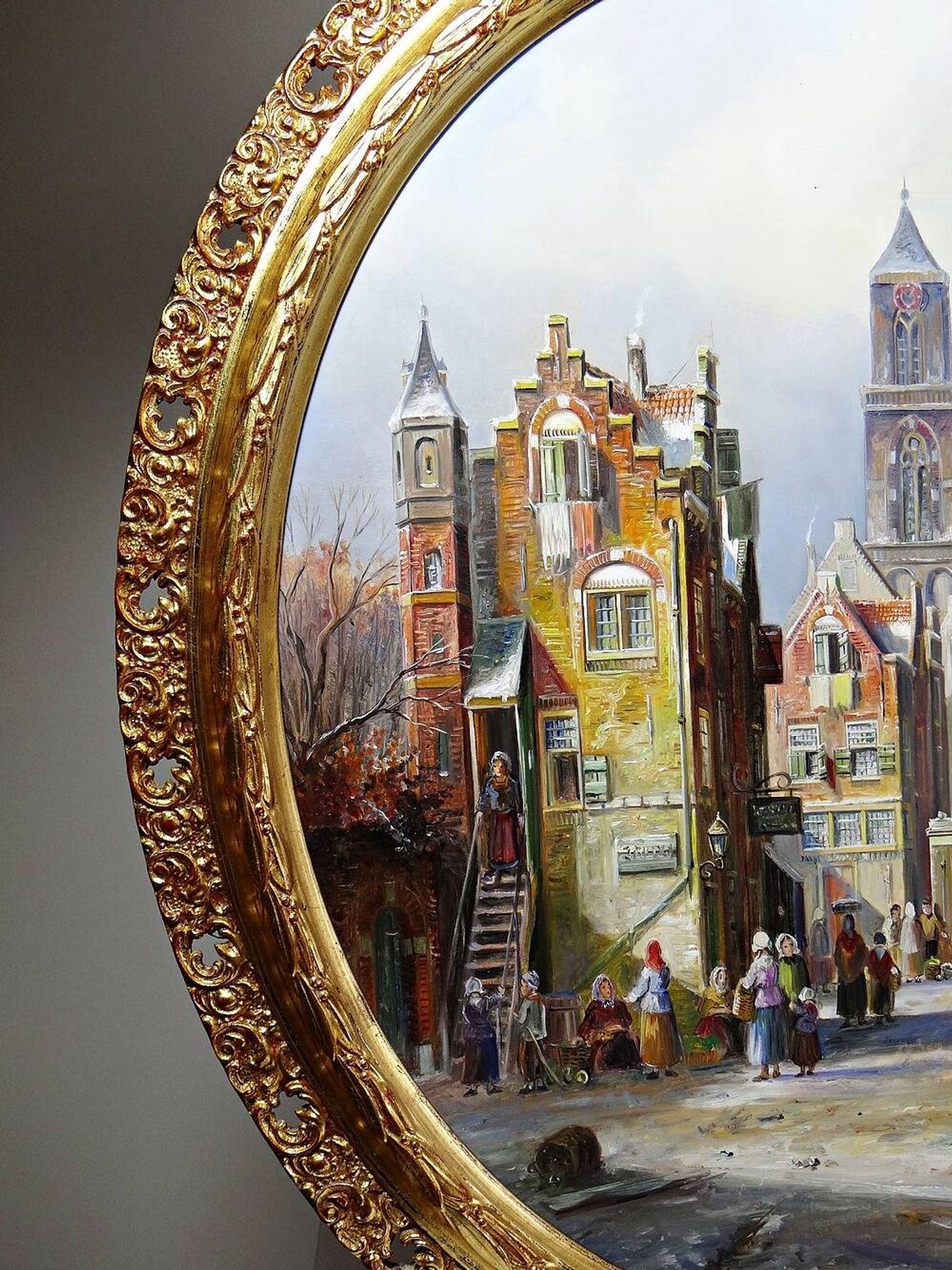Large painting urban scene oil on wood framed John Haanstra vintage