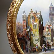 Large painting urban scene oil on wood framed John Haanstra vintage