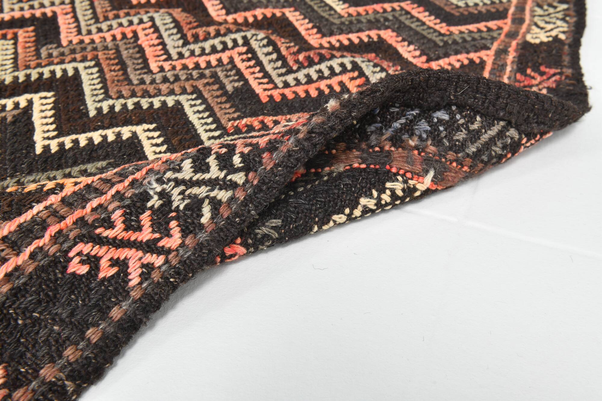 6x14 Pink & Brown Geometric Vintage Kilim Rug, 190x417Cm