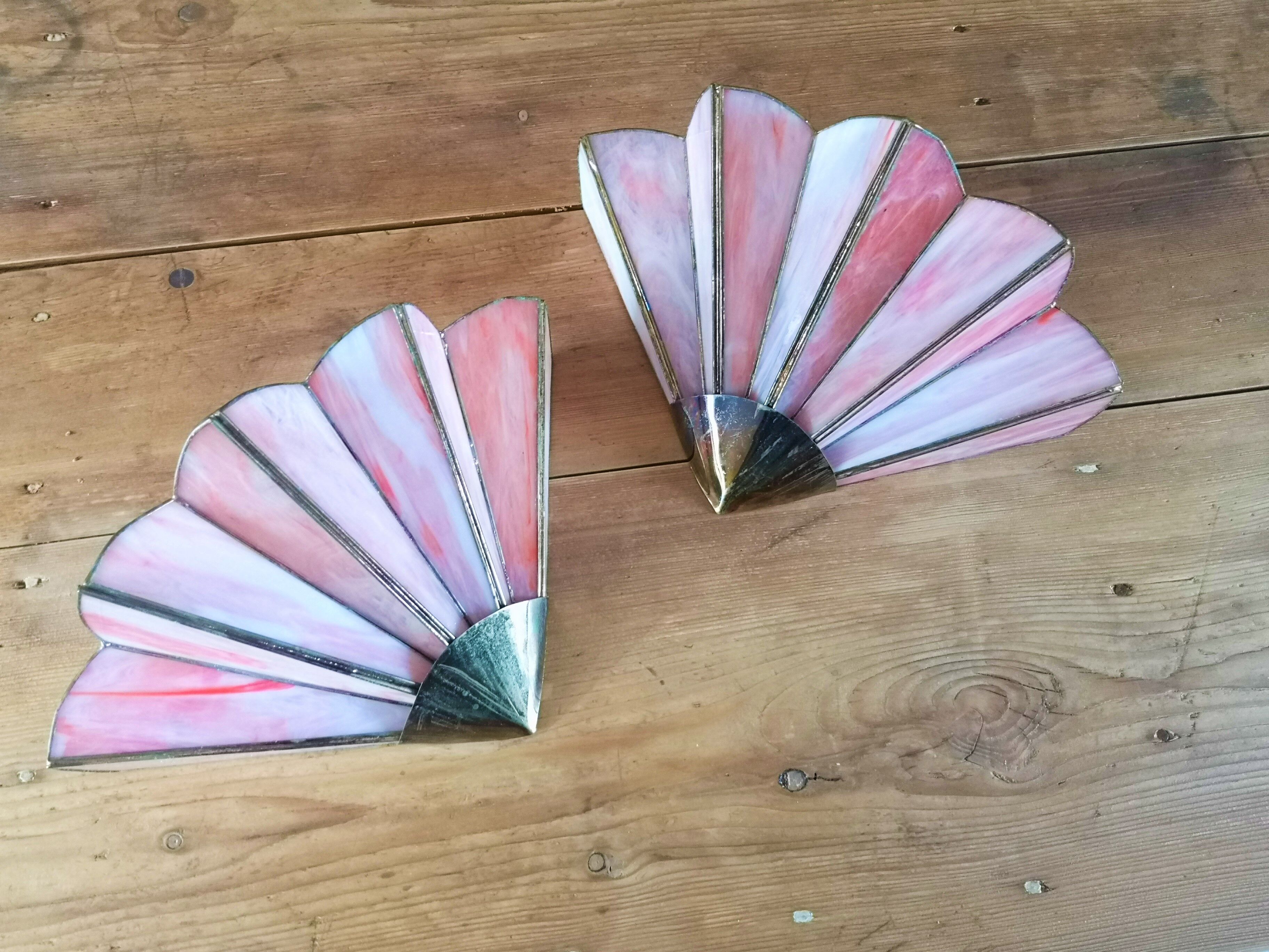 Pair of art deco fan wall light in brass and glass paste