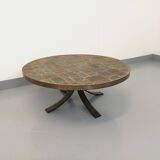 Vintage brutalist round coffee table in metal and slate from the 70s