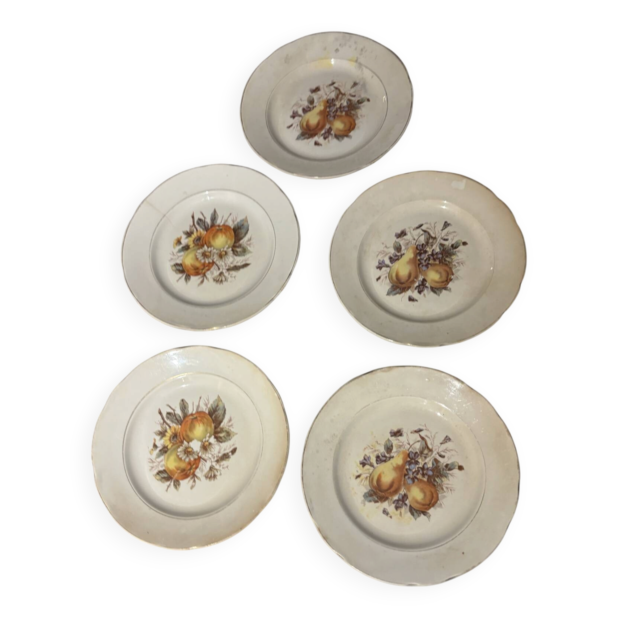 Set of 5 antique earthenware plates – vintage fruit & flower design