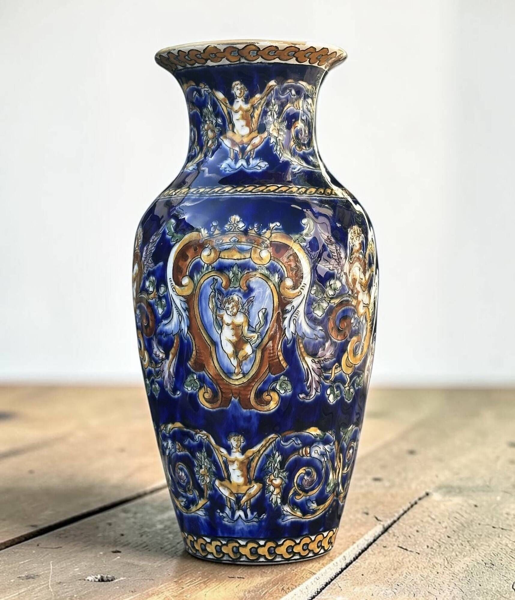 Antique baluster vase in Gien earthenware with blue Renaissance decoration - H: 26 cm