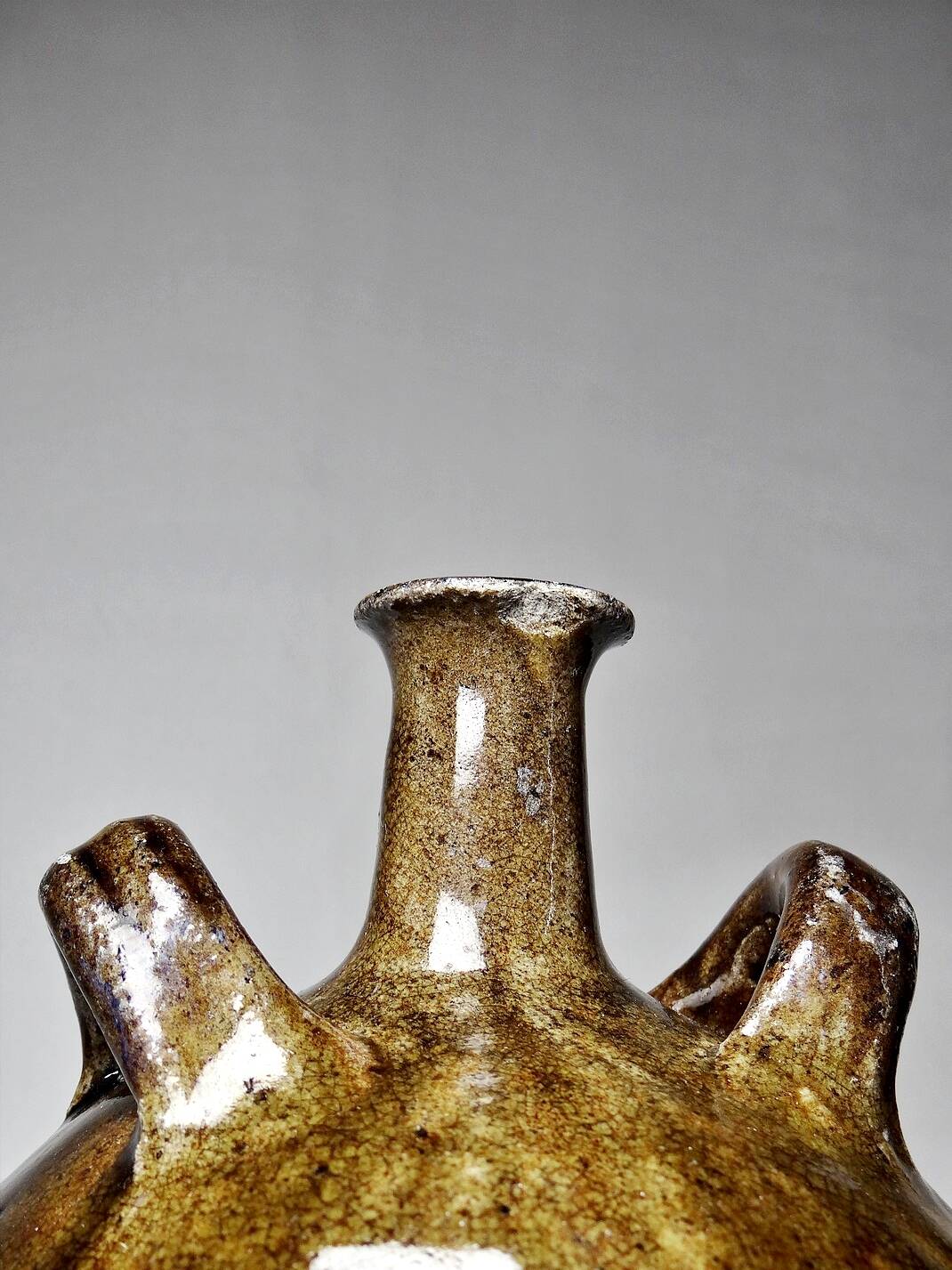 Old stoneware oil jar, glazed and enamelled, 2 handles