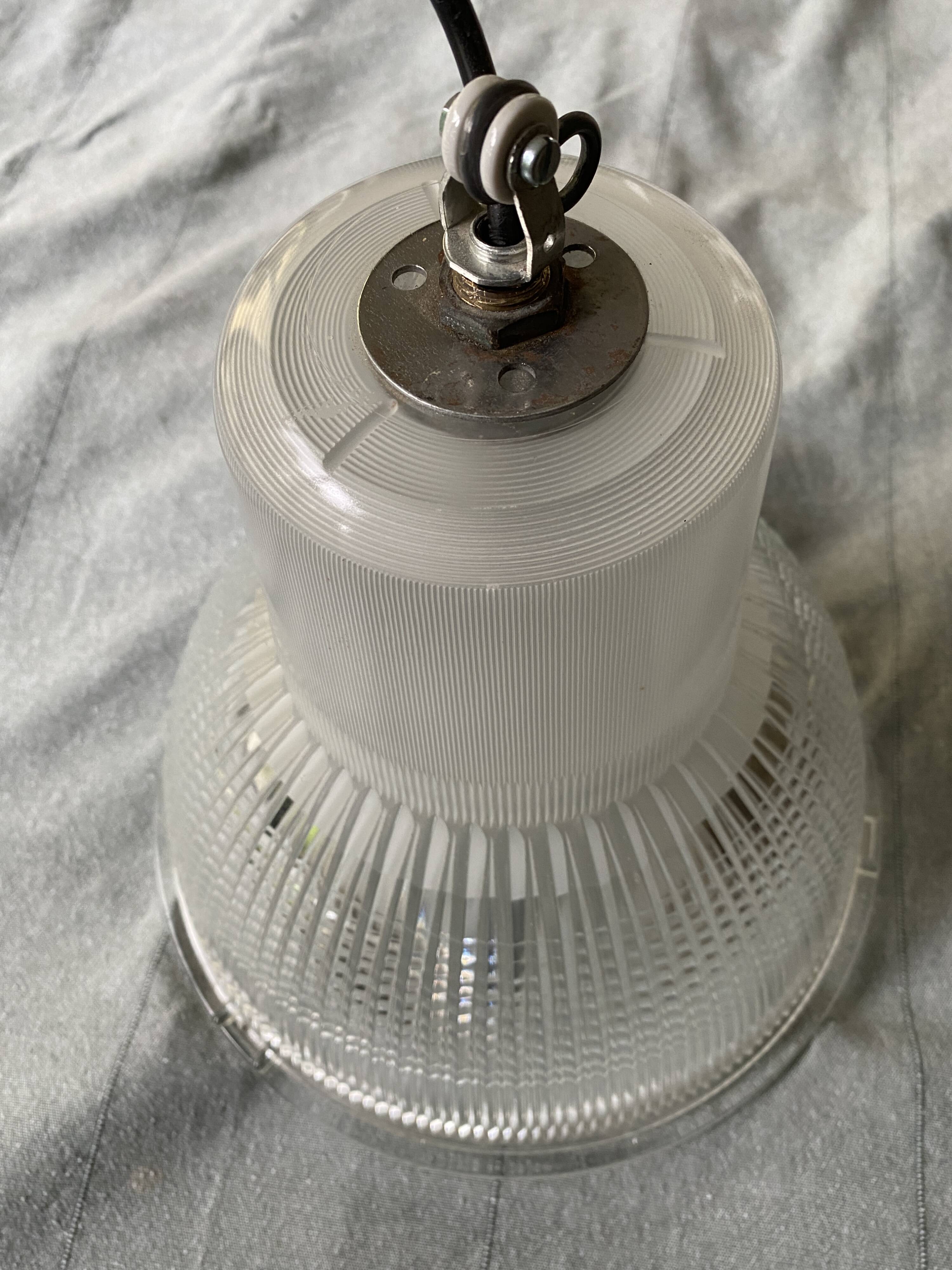 Vintage Holophane Suspension Chandelier from the 50s/60s, industrial style, transparent striated glass