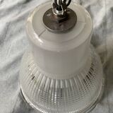 Vintage Holophane Suspension Chandelier from the 50s/60s, industrial style, transparent striated glass