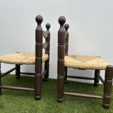 Pair of old low chairs in wood and straw