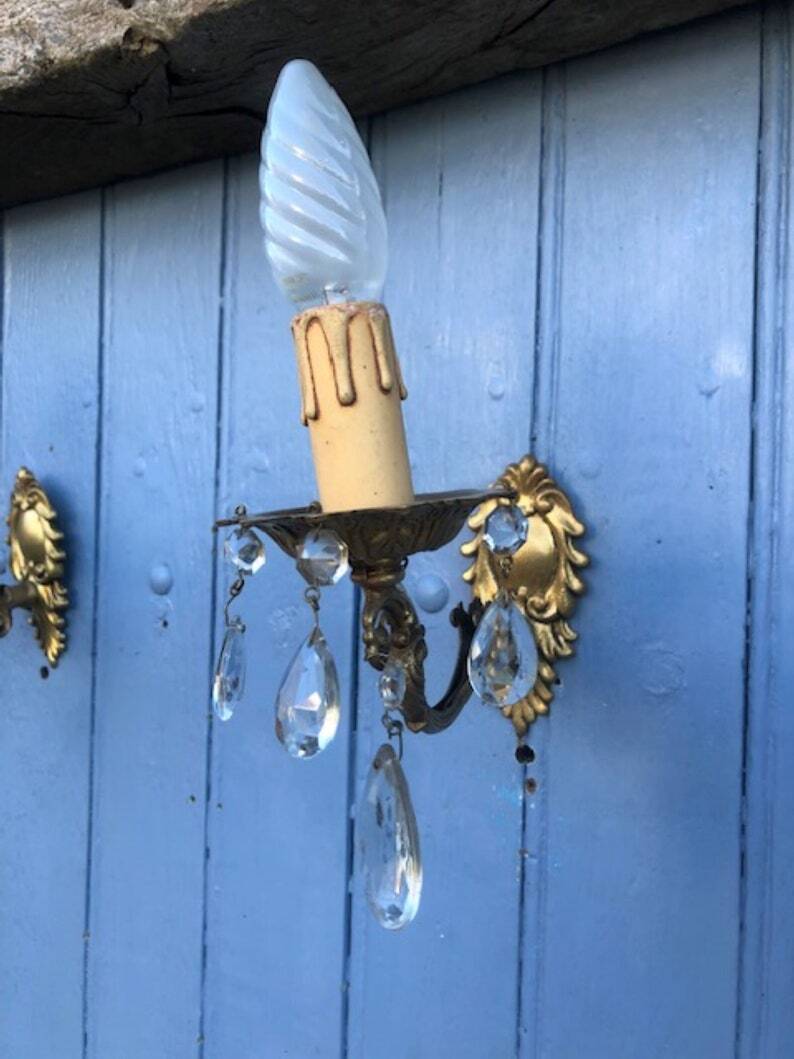 Vintage French Crystal Wall Sconces: Victorian Bronze & Brass Pair