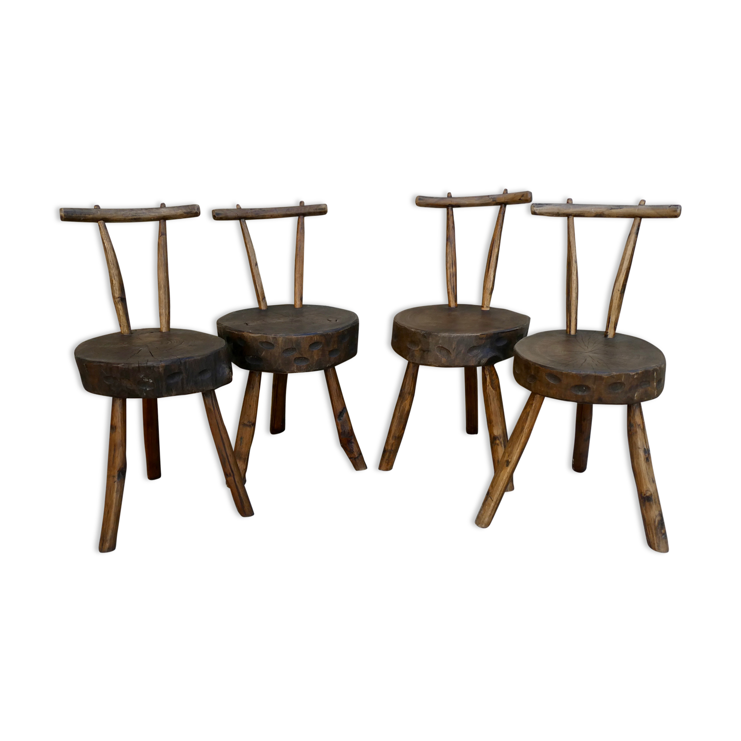 Suite of 4 tripod chairs, trunk seats, solid wood