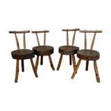Suite of 4 tripod chairs, trunk seats, solid wood