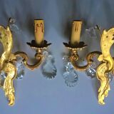 Pair of asymmetrical appliques, gilded bronze and crystal tassels, Louis XV style