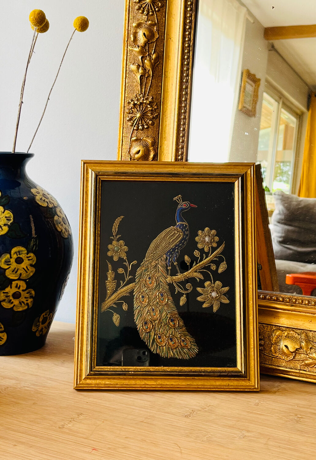Embroidered peacock frame