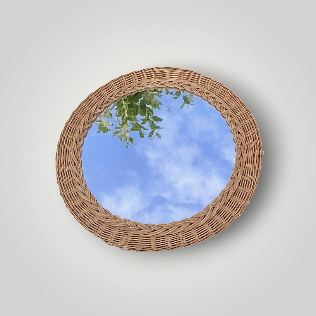 Antique round woven wicker mirror – 40 cm – 1970s