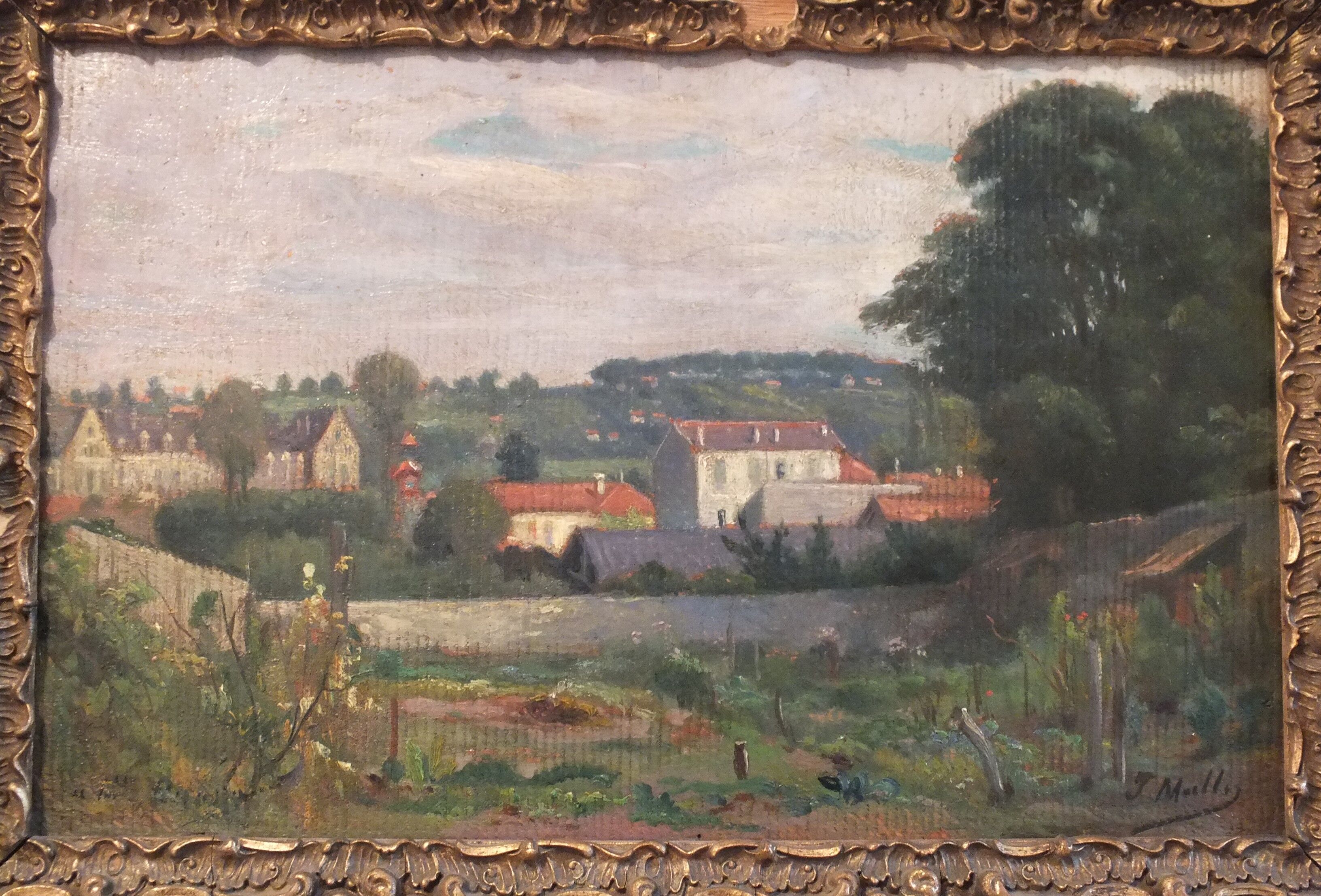 Oil painting on framed landscape panel signed J or F Muller