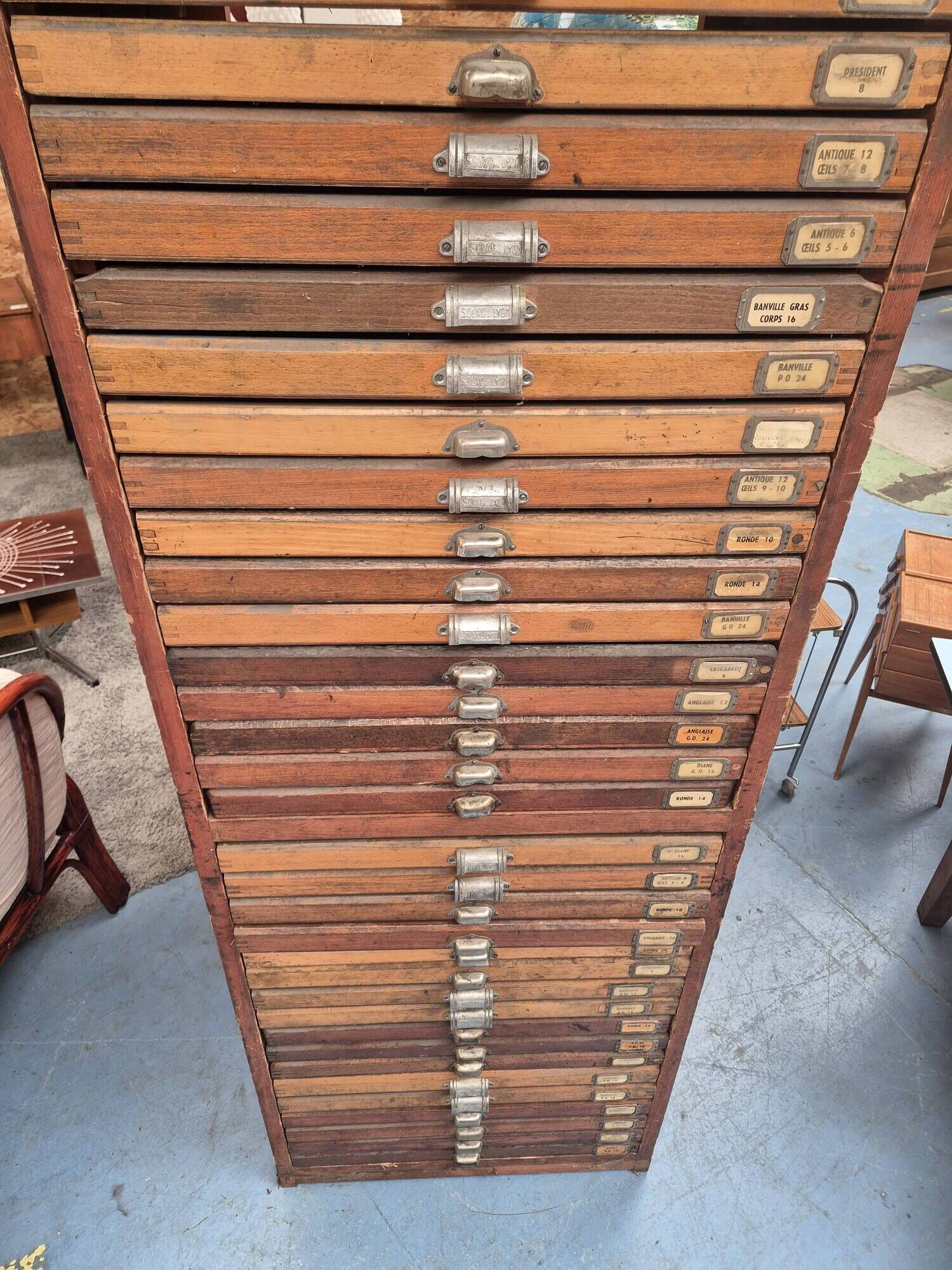 Wooden printing cabinet 36 drawers with typographic letters