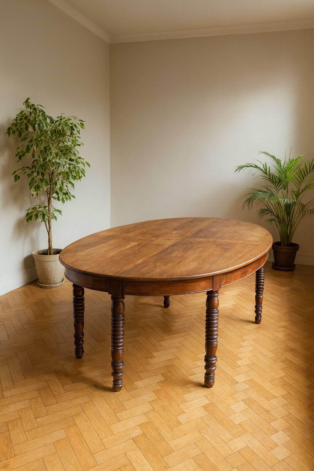 Large oval monastery table in solid oak, 19th century, 243×154cm