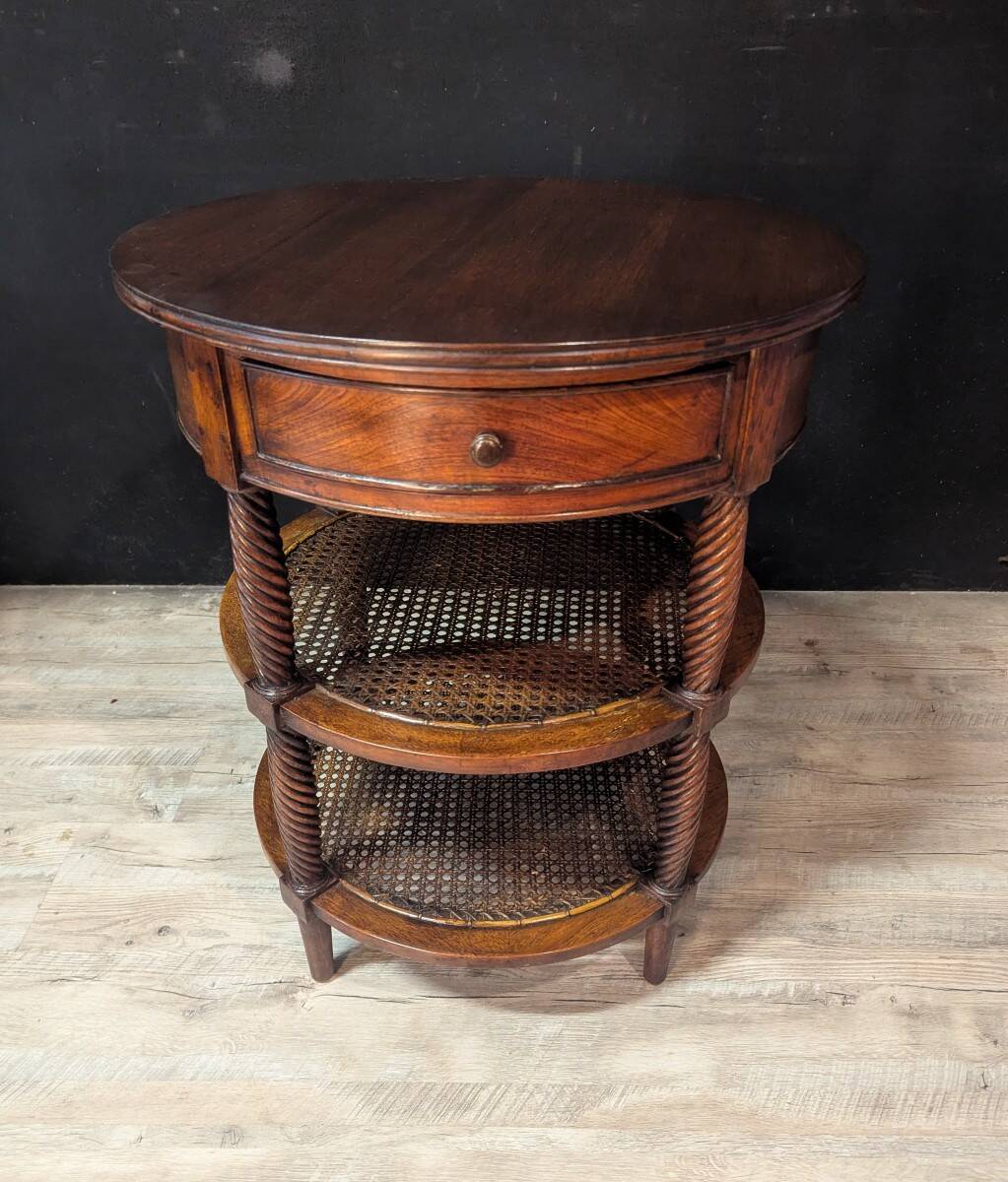 Pair of oval mahogany side tables with caned shelves – 19th century