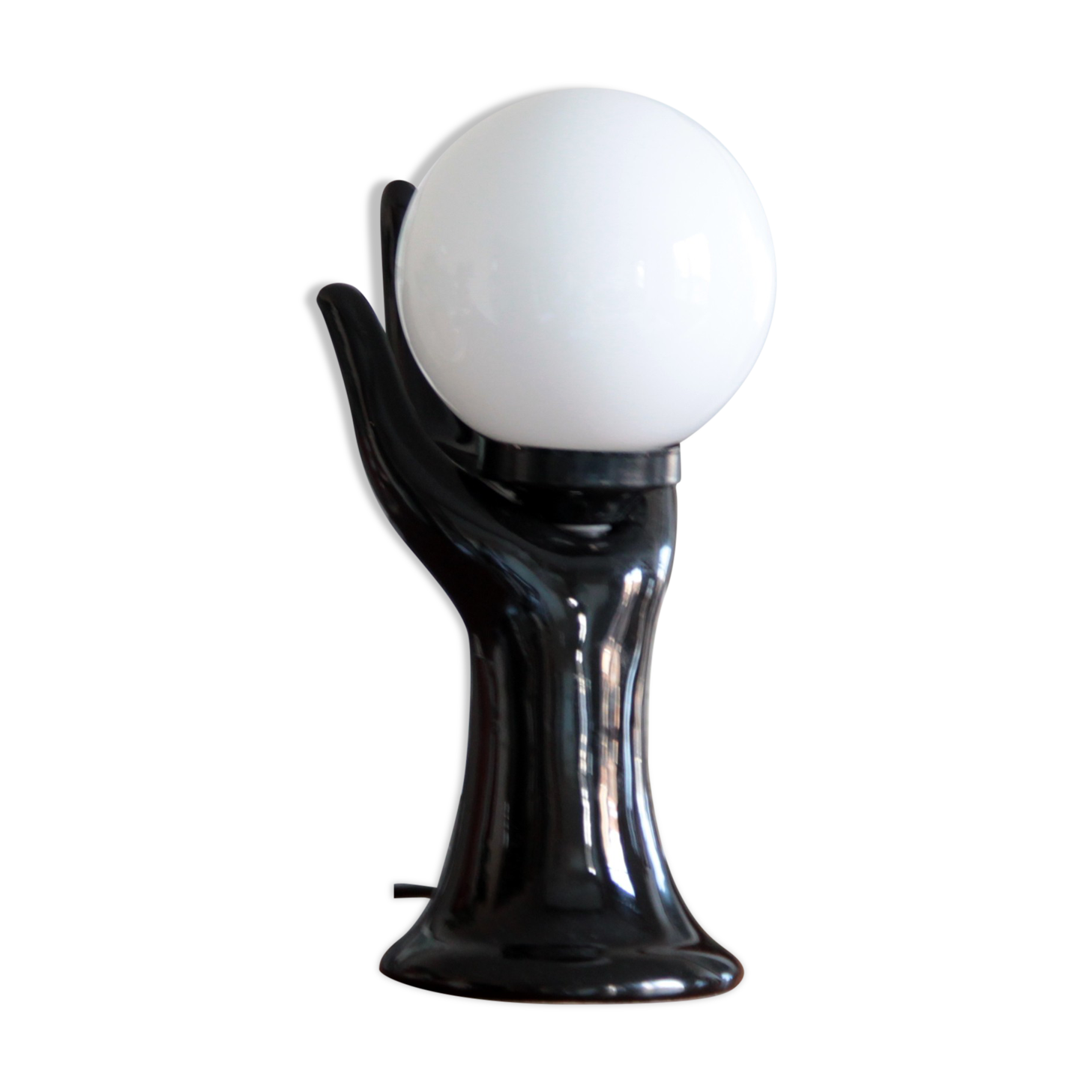 Hand lamp ceramic black globe glass opaline white vintage