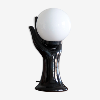 Lampe main céramique noire globe verre opaline blanche vintage