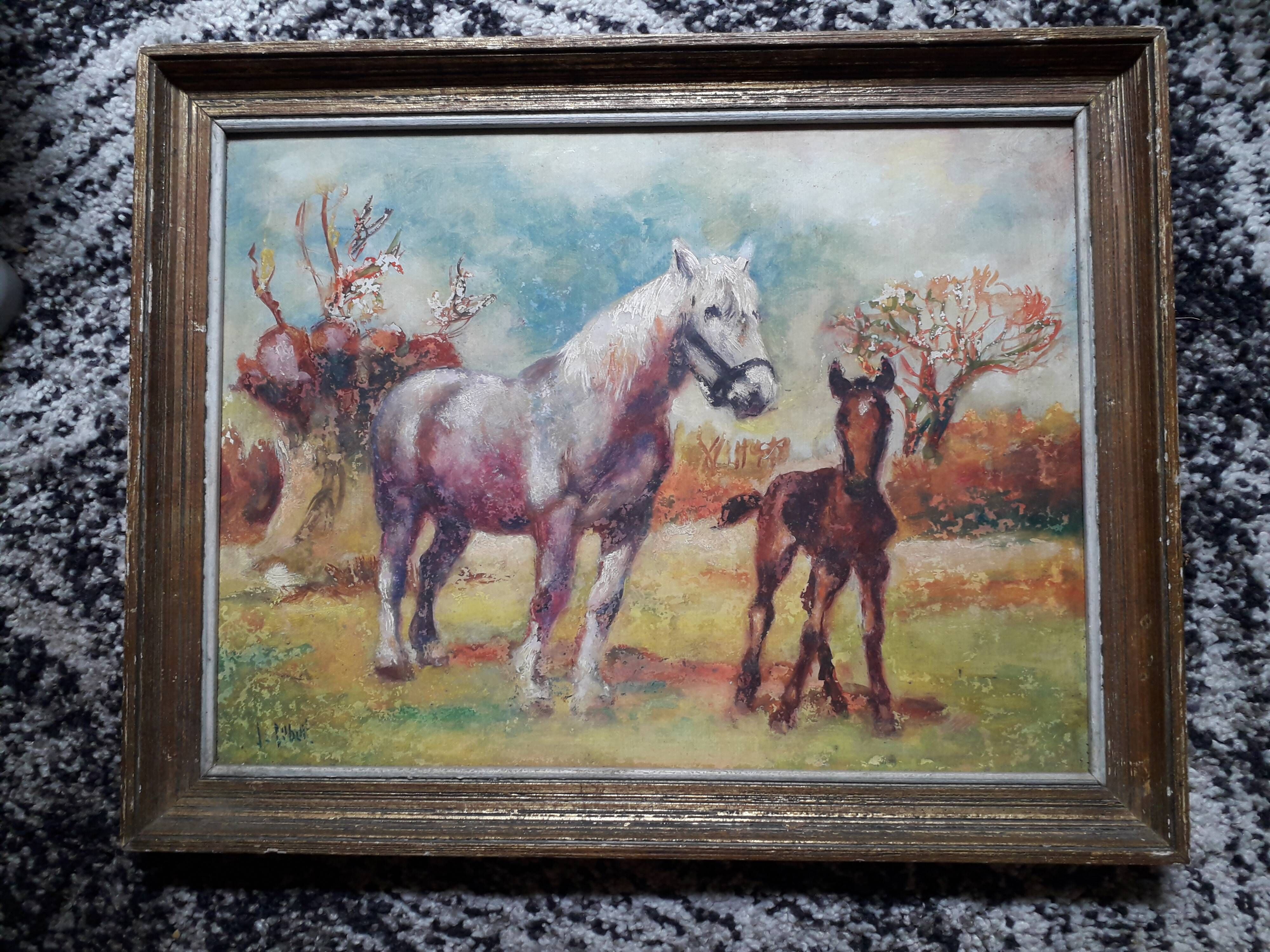 Tableau ancien à l'huile représentant des chevaux