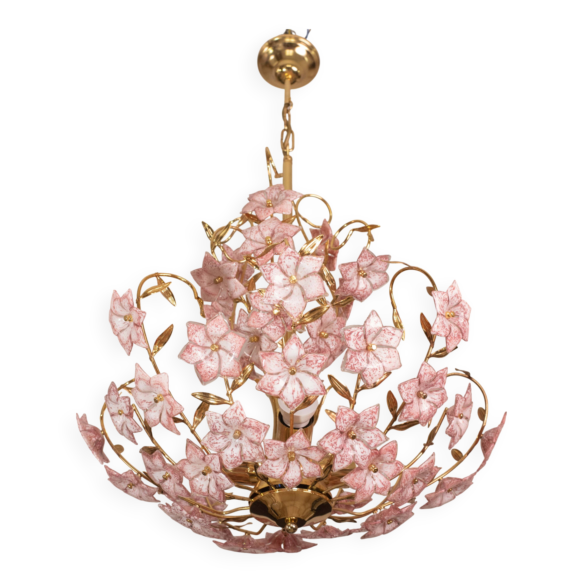 Vintage Murano Glass Chandelier Pink Flowers, 1970