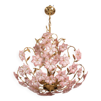 Vintage Murano Glass Chandelier Pink Flowers, 1970
