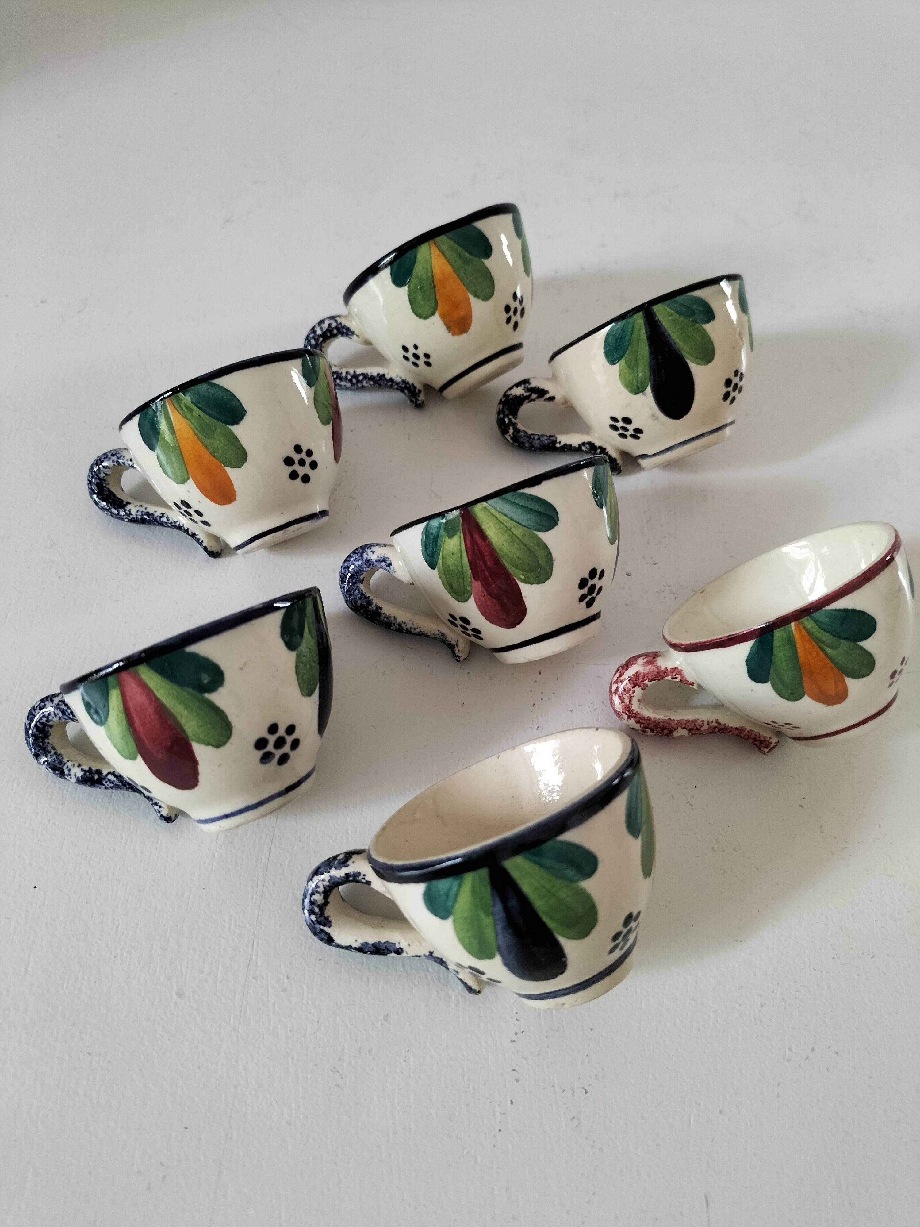 Set of 7 miniature Quimper earthenware cups