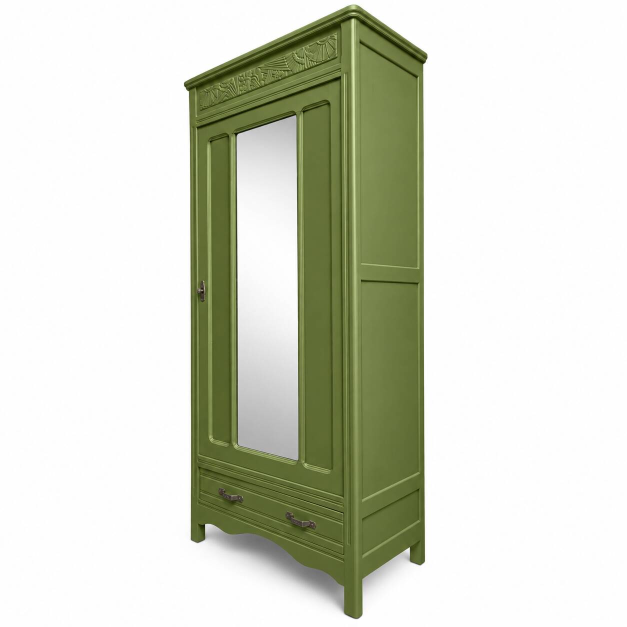 Renovated Art Deco Parisian wardrobe in khaki with original mirror.