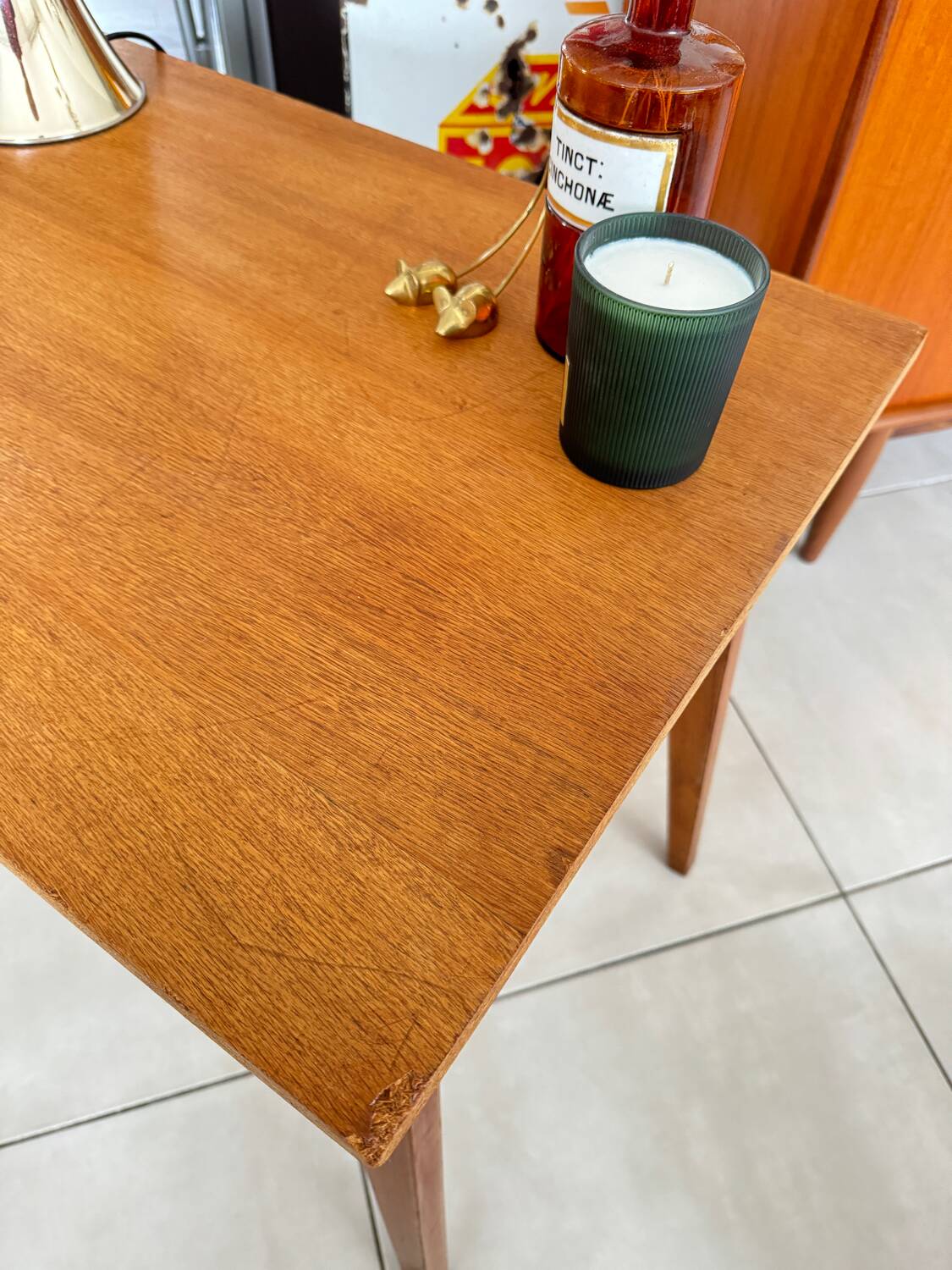 Old wooden desk or side table with compass legs