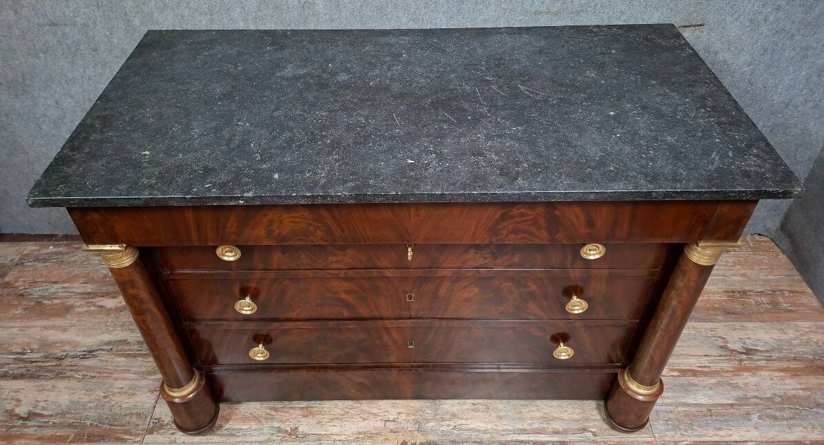 Empire commode in mahogany – Detached columns – Marble top – 19th century