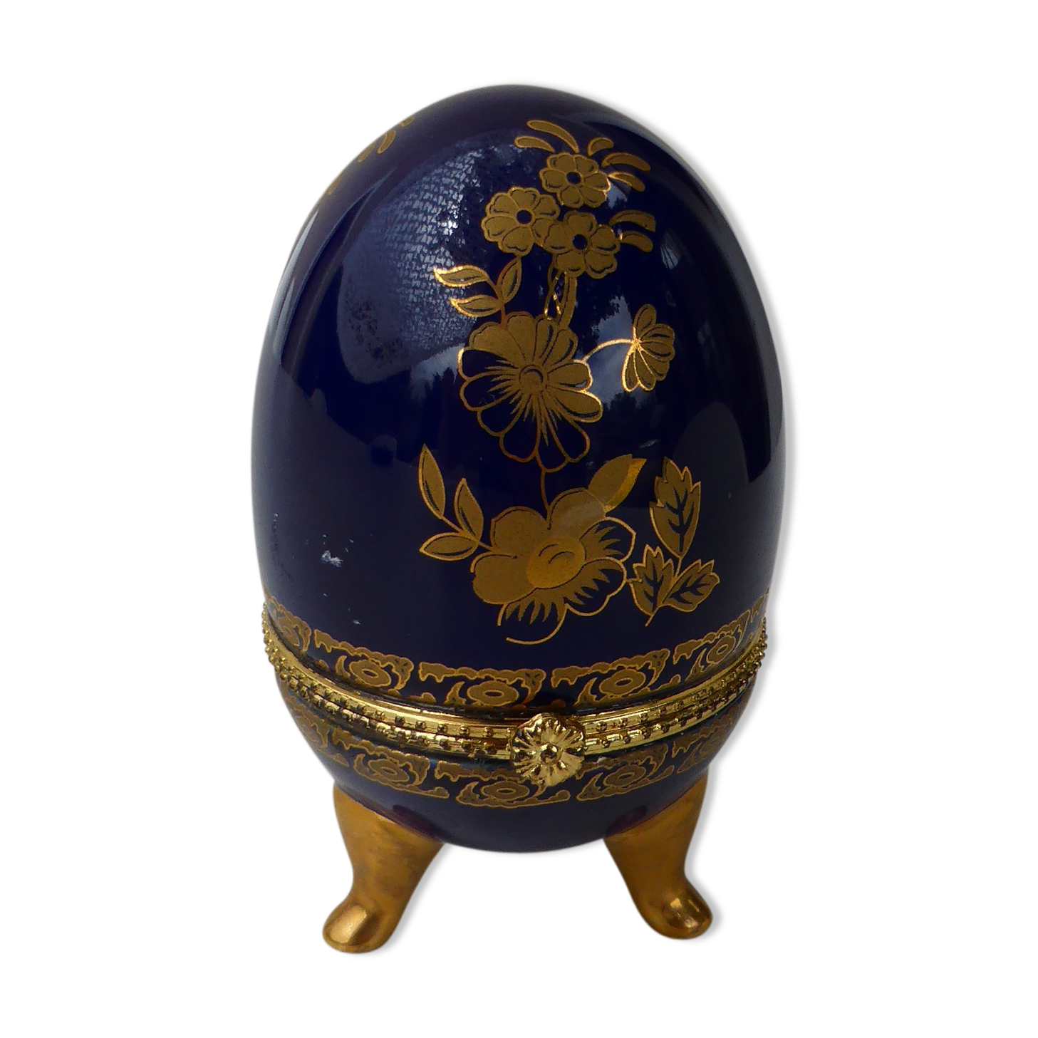 Jewelry box gold porcelain and metal egg blue and vintage gold flowers 1960