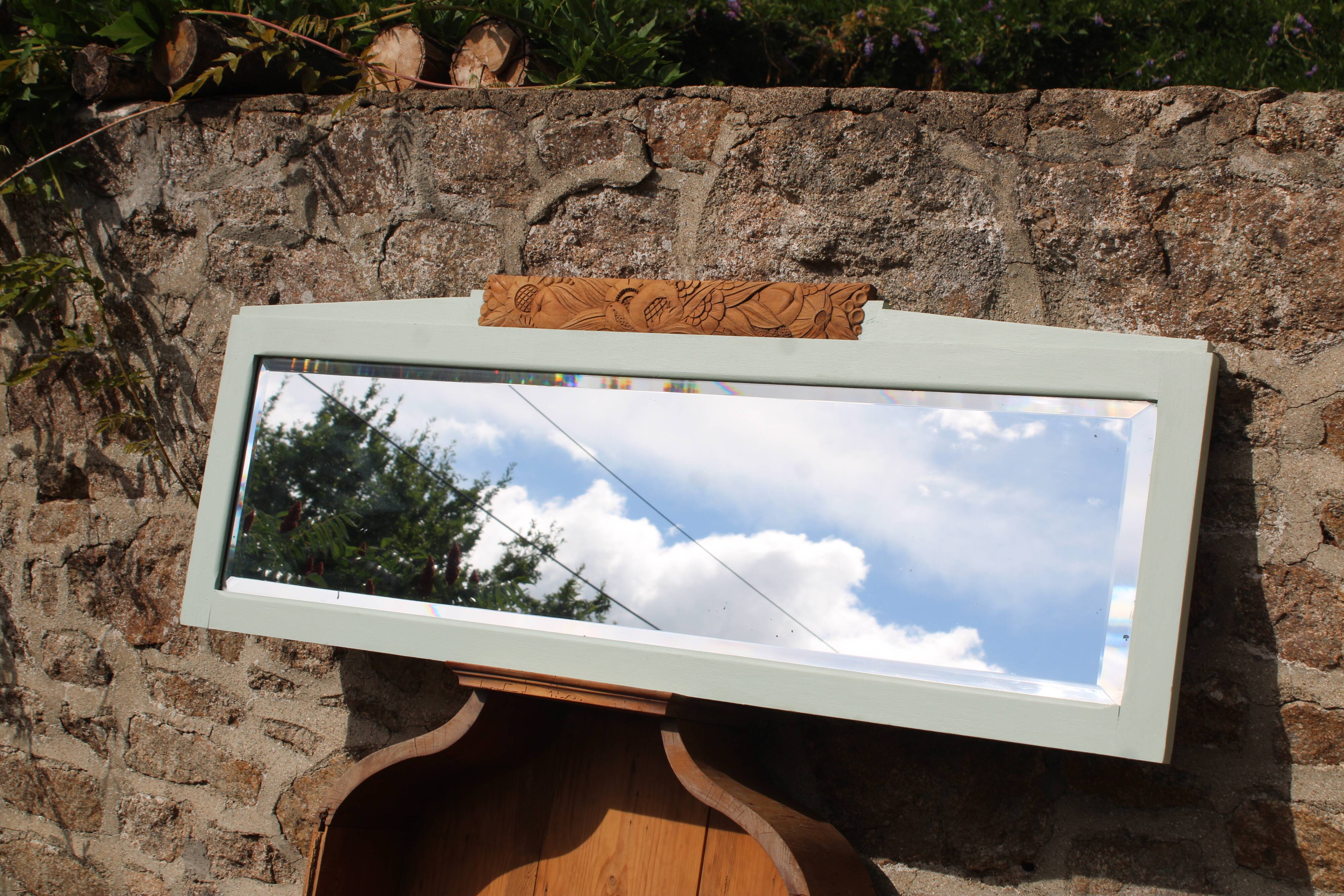Miroir Art déco daté 1928 en bois massif – glace biseautée – 128 cm
