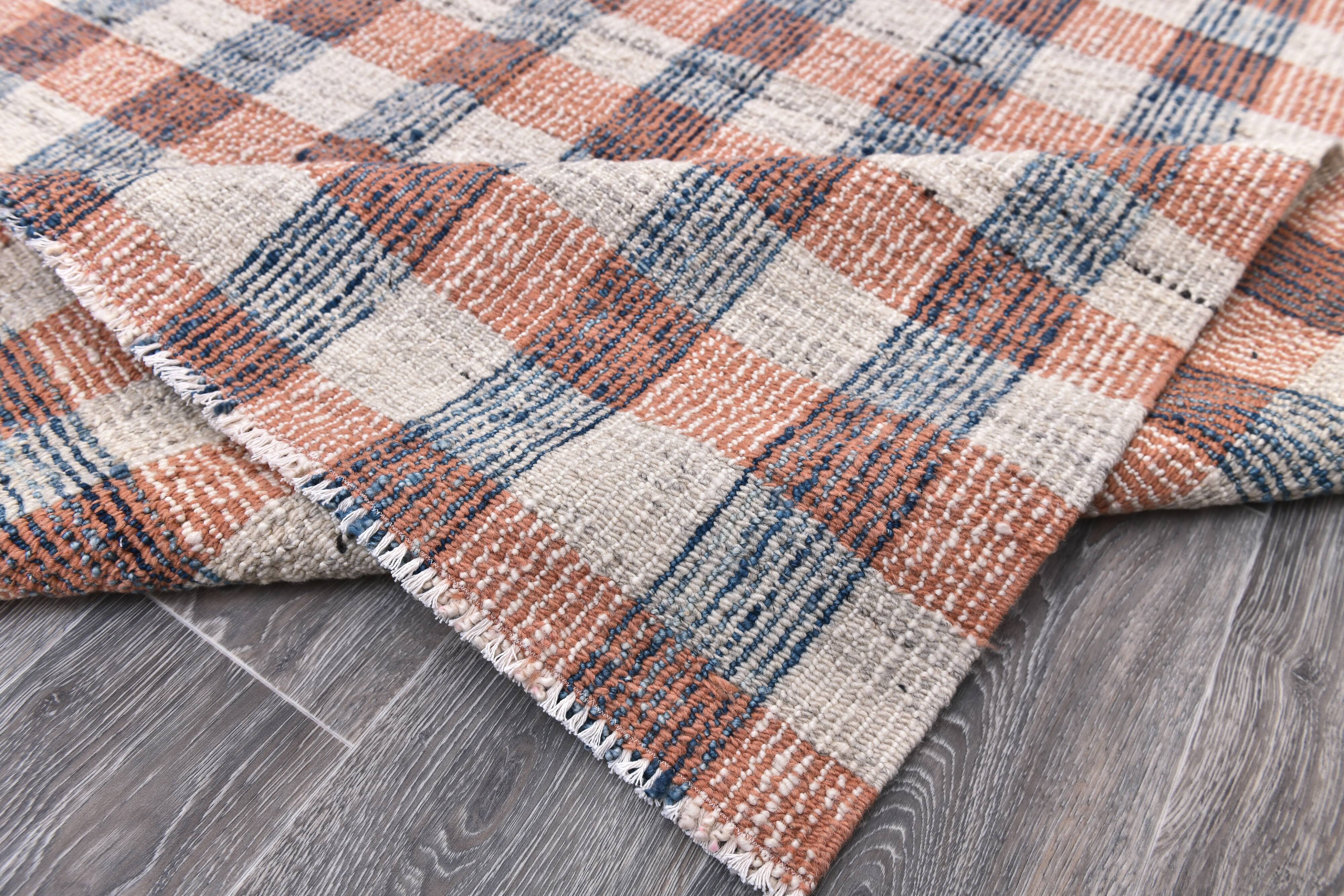 190x290 cm organic wool made kilim , orange blue wool kilim, kilim stripe