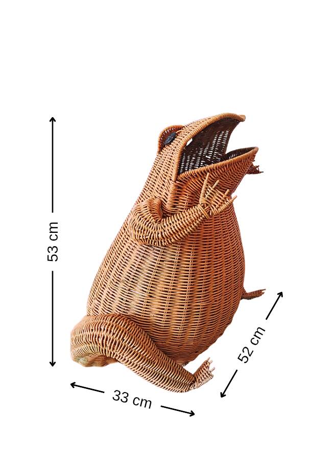 Vintage frog magazine rack in woven wicker design by Olivier Cajan