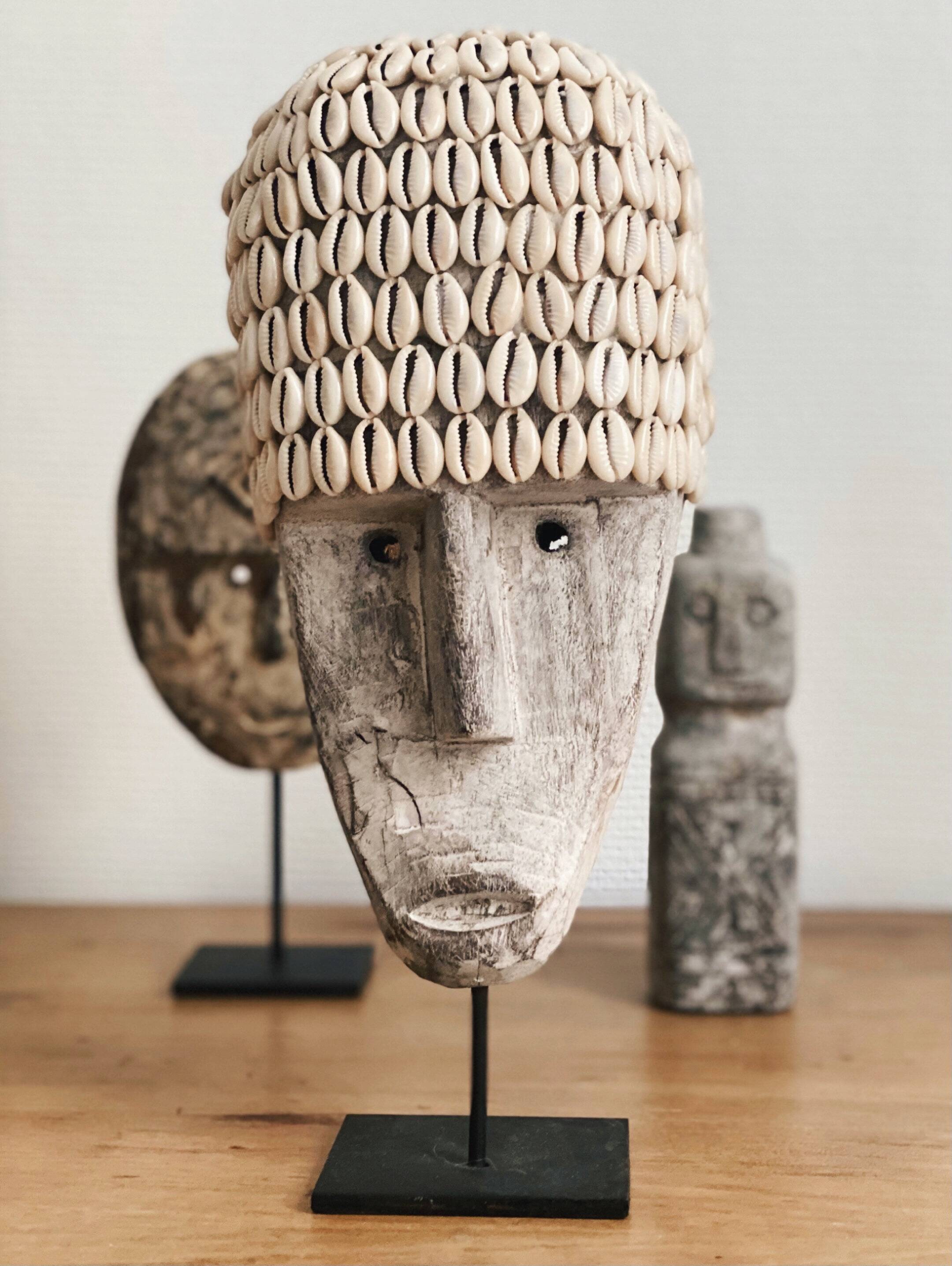 Wabi sabi face mask in aged wood and cowrie shells