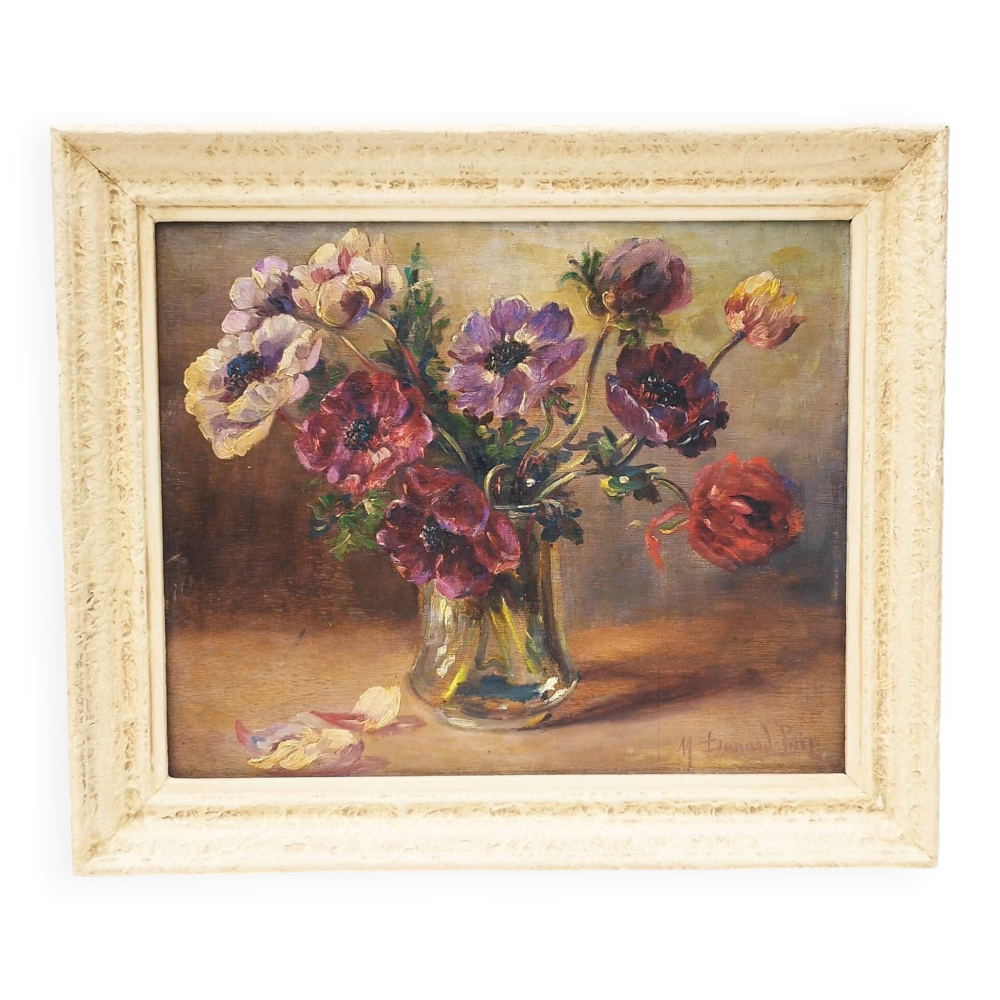 Oil on panel bouquet of anemones Marthe Puig