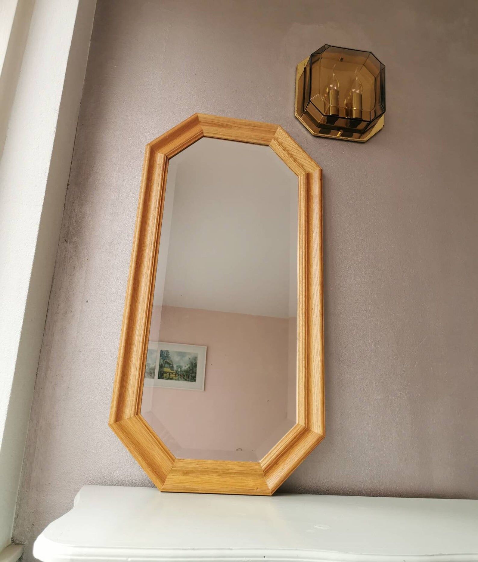 Light oak wooden mirror from the 1980s