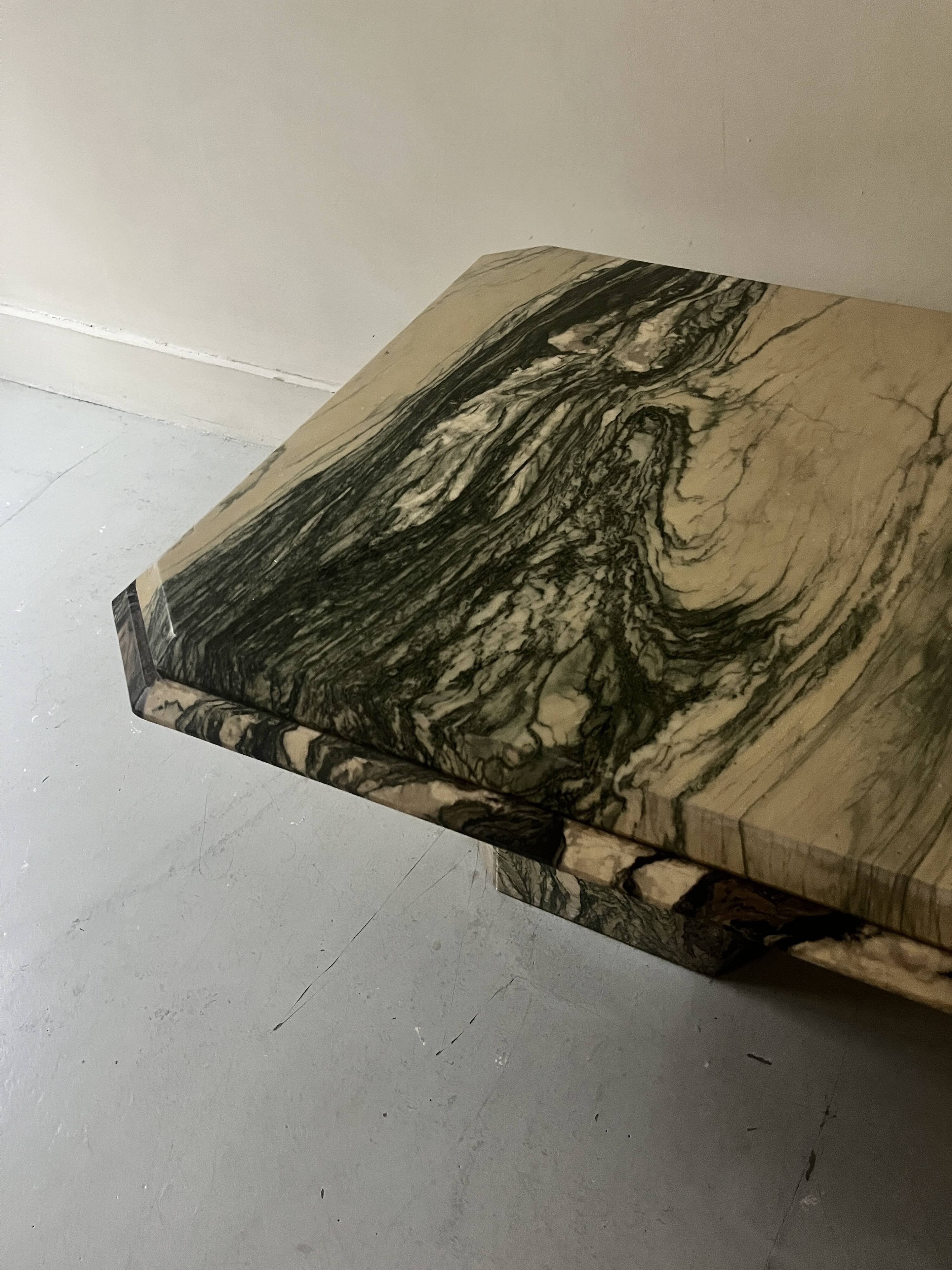 Octagonal coffee table in Italian beige/green veined marble, design 1970