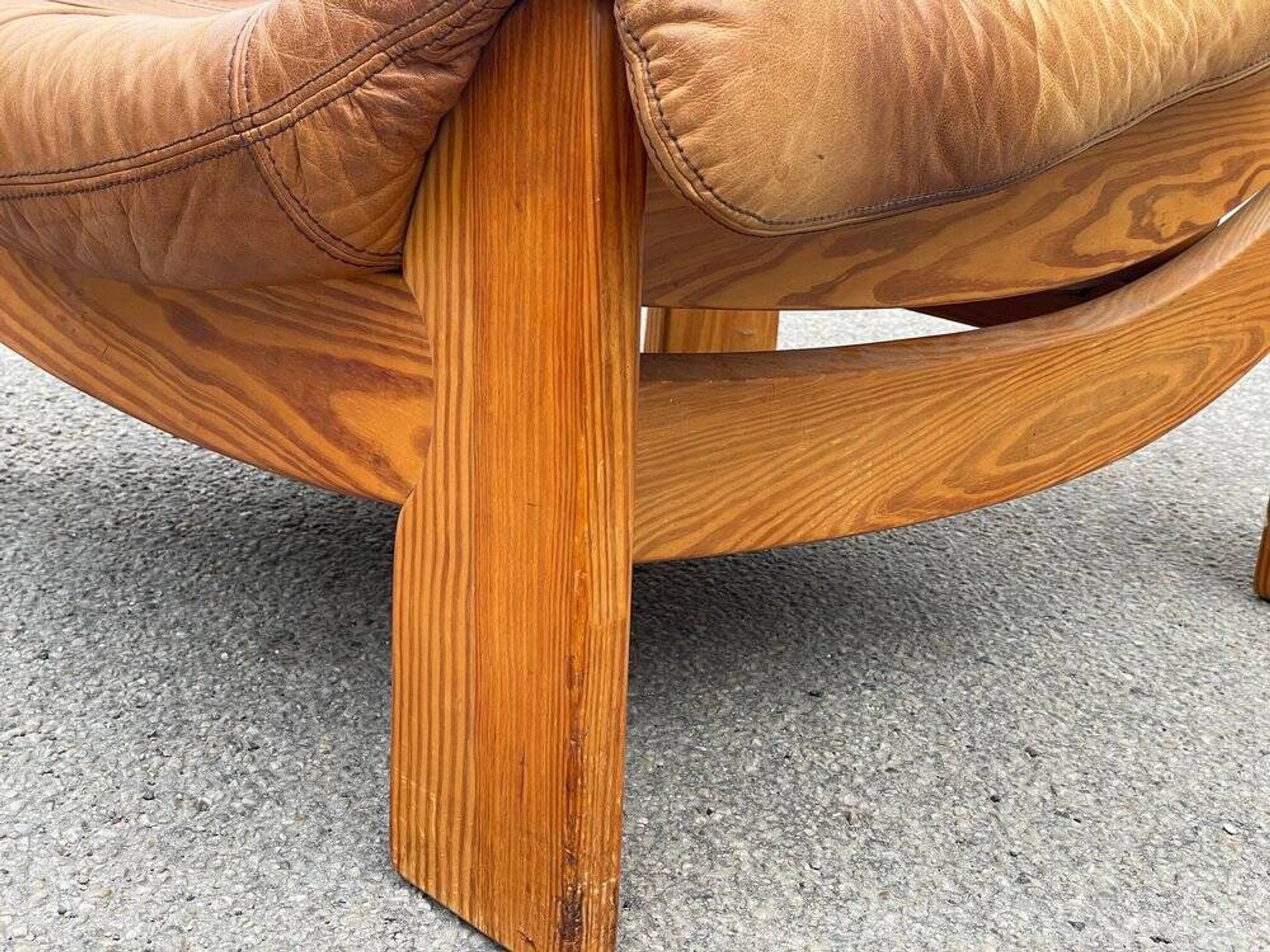 Vintage leather and pine lounge chair by Maison Regain, 1970s