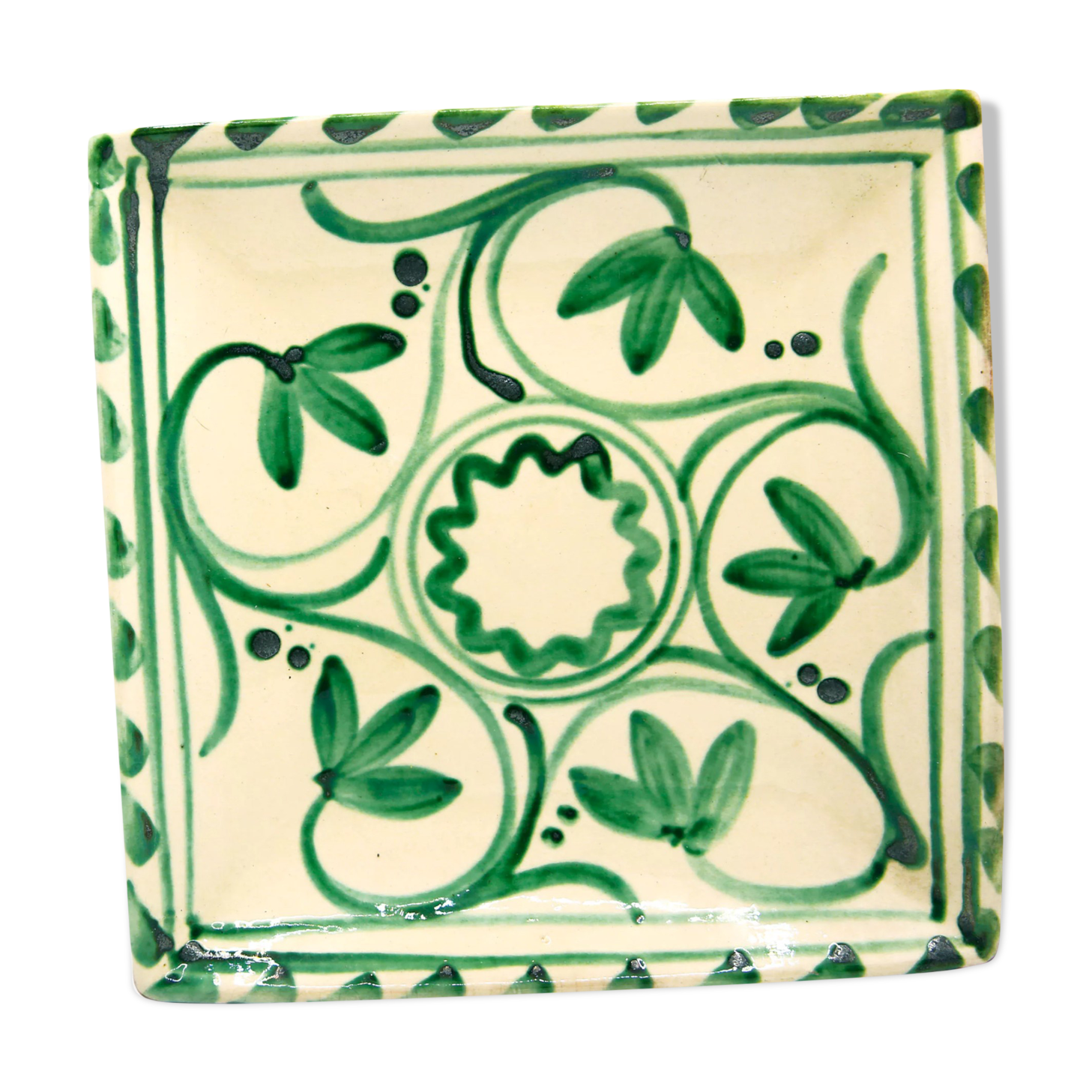 Square Mediterranean glazed earthenware dish with green flowers