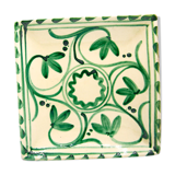 Square Mediterranean glazed earthenware dish with green flowers